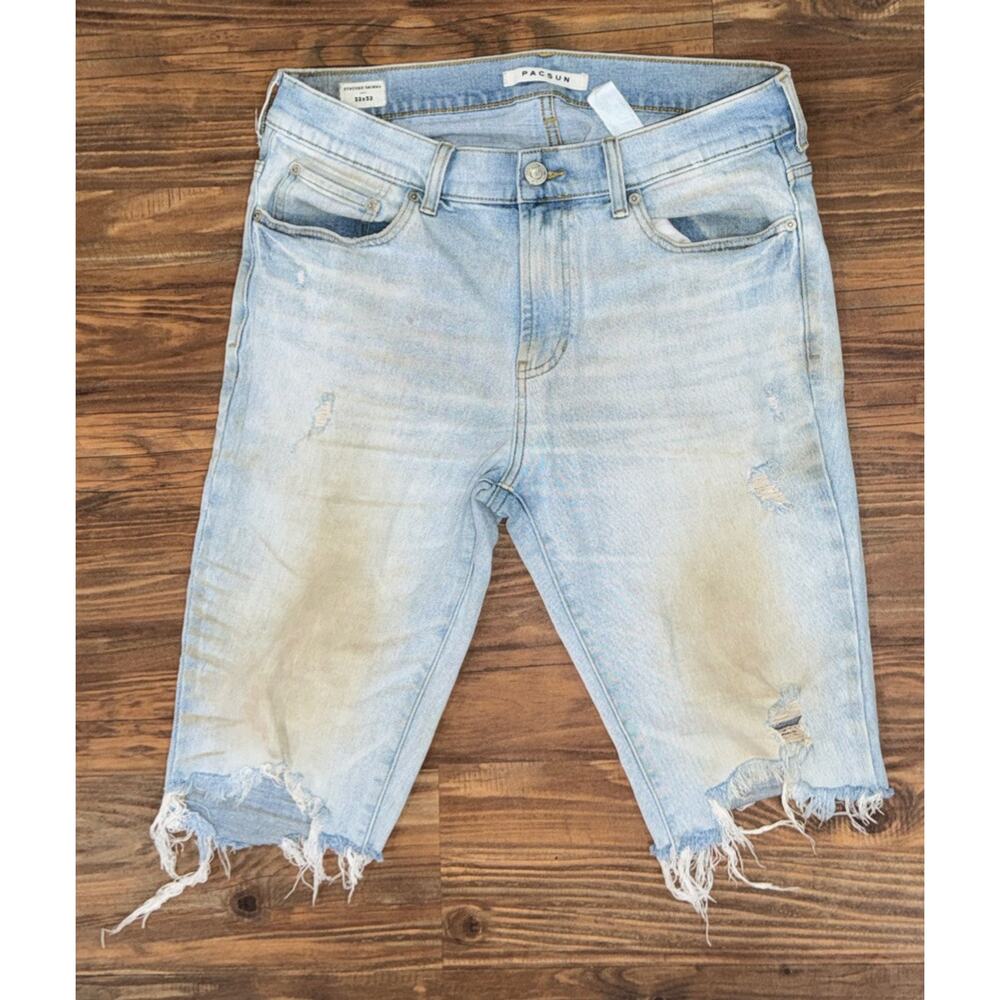Pacsun Stacked Faded Denim Shorts Sz 32‎ Skinny Distressed Thrashed